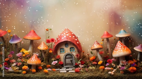 A whimsical garden scene filled with tiny fairy houses, toadstool mushrooms, and colorful flowers, set against a textured background resembling aged paper. AI generated