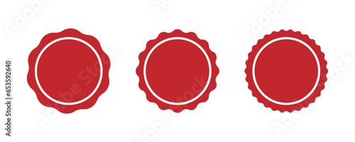 Red circle seal stamp icons. Vintage wavy edge circle sticker. Star burst shape tags. Blank sale round sticker. Simple circle red wax seal. Vector illustrations set isolated on white background.