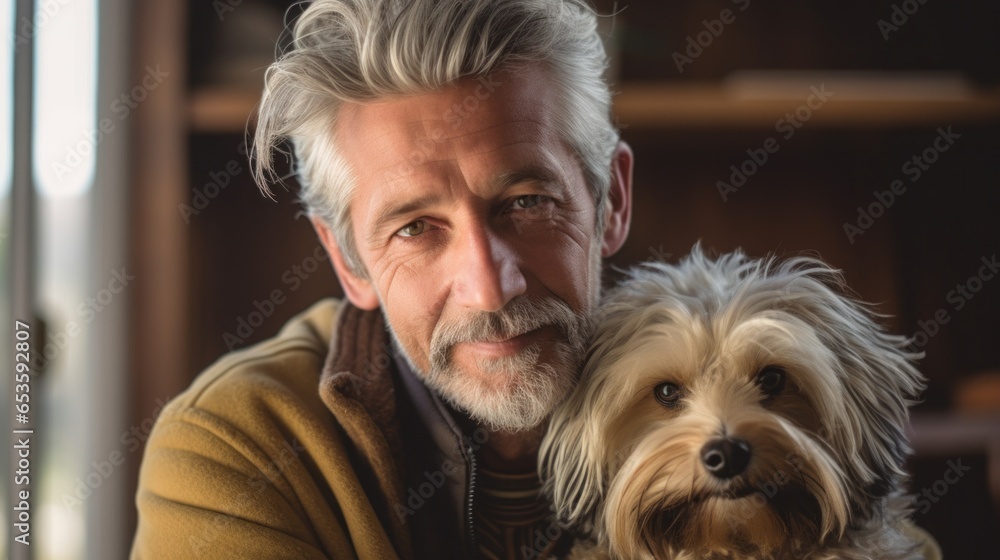 This home portrait captures a senior man's cheerful moment with his beloved dog in the sunlight. This home portrait captures a senior man's cheerful moment with his beloved dog in the sunlight.