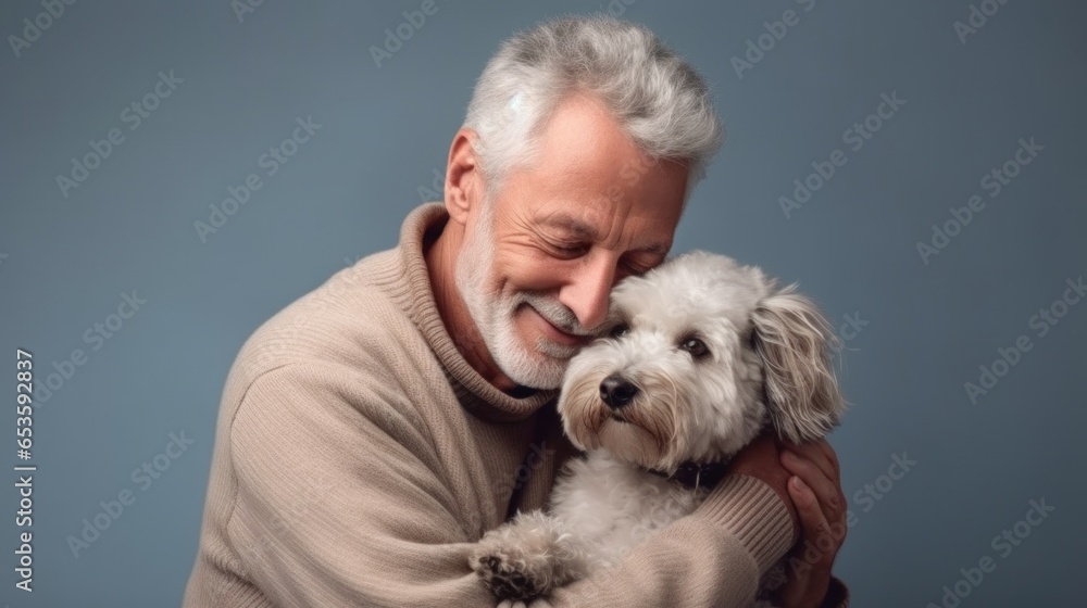 Grinning senior man and her dog against a studio backdrop. Grinning senior man and her dog against a studio backdrop.