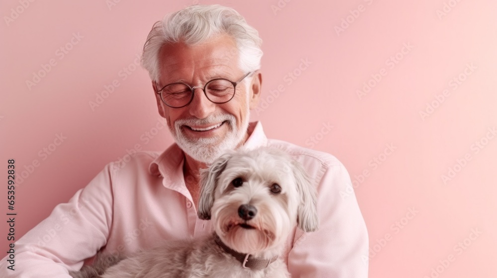 This studio portrait captures the happiness of a senior man and his dog. This studio portrait captures the happiness of a senior man and his dog.