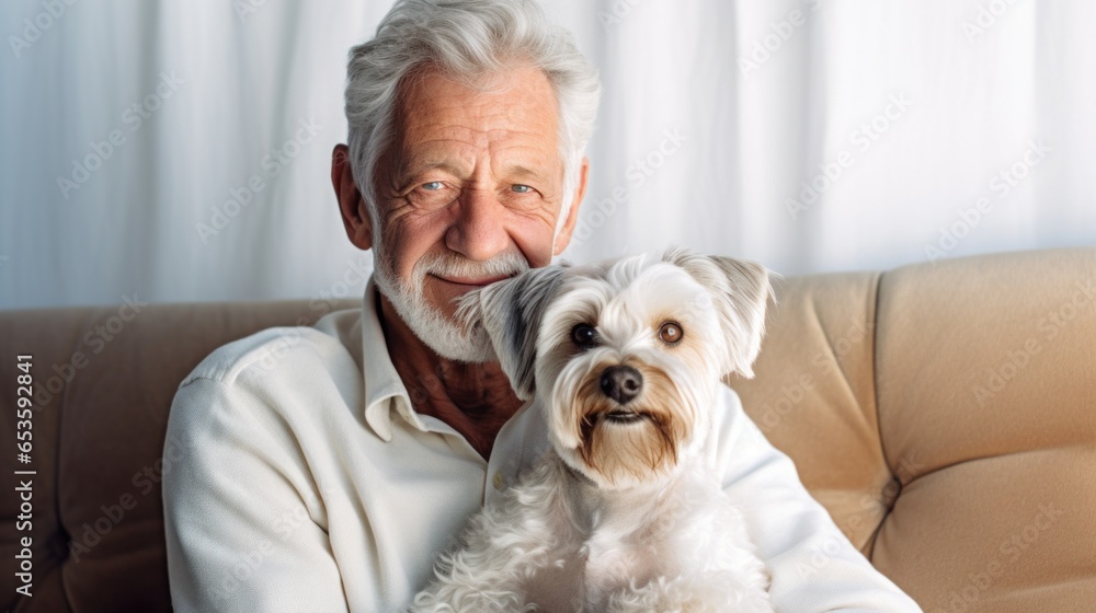 In a sunny home portrait, a senior man and his pet dog both wear joyful smiles. In a sunny home portrait, a senior man and his pet dog both wear joyful smiles.