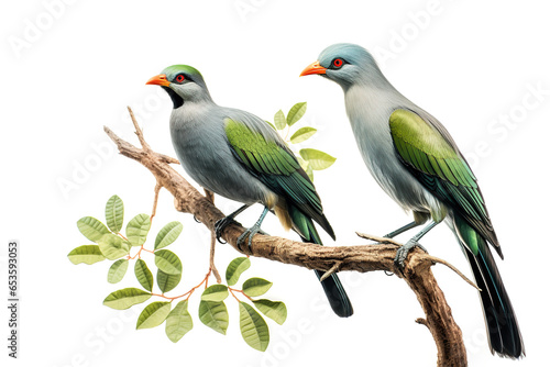 Image of group of green billed malkoha bird on a branch on a white background. Birds. Animals. Illustration, Generative AI.