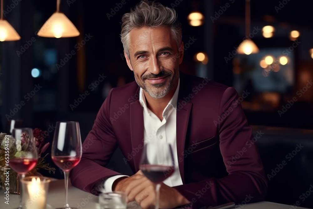 Dating. Middle aged Caucasian man on date in an expensive restaurant. He holds a glass of wine, smiling and looking at you. A romantic moment at a restaurant.