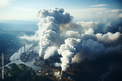 Smoke from chimneys in atmosphere, blue toned, aerial view.