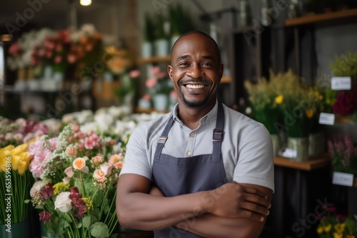 Smiling African American man standing in his flower shop. Middle aged salesman is waiting for customers of the flower shop. He standing at the entrance and looking at camera.