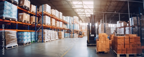 Huge warehouse. Product distribution center. Retail warehouse full of shelves with goods in cartons, with pallets and forklifts. Logistics and transportation blurred background. Format photo 5:2.