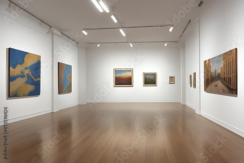 **Write about an art gallery room with track lighting, white walls, and city views. 