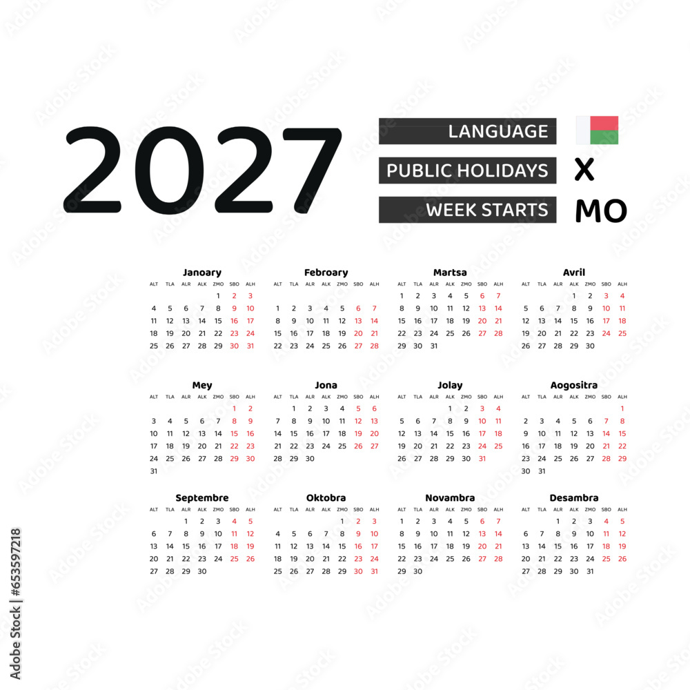 Calendar 2027 Malagasy language with Madagascar public holidays. Week starts from Monday. Graphic design vector illustration.