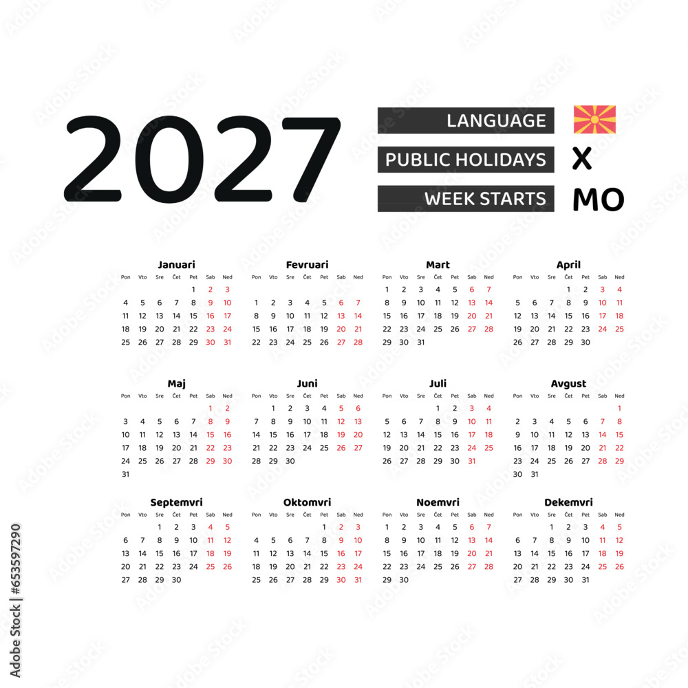 Calendar 2027 Macedonian language with Macedonia public holidays. Week starts from Monday. Graphic design vector illustration.