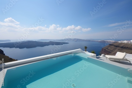 Stunning pool in Santorini with an elegant design and breathtaking views. Generative AI © Edward