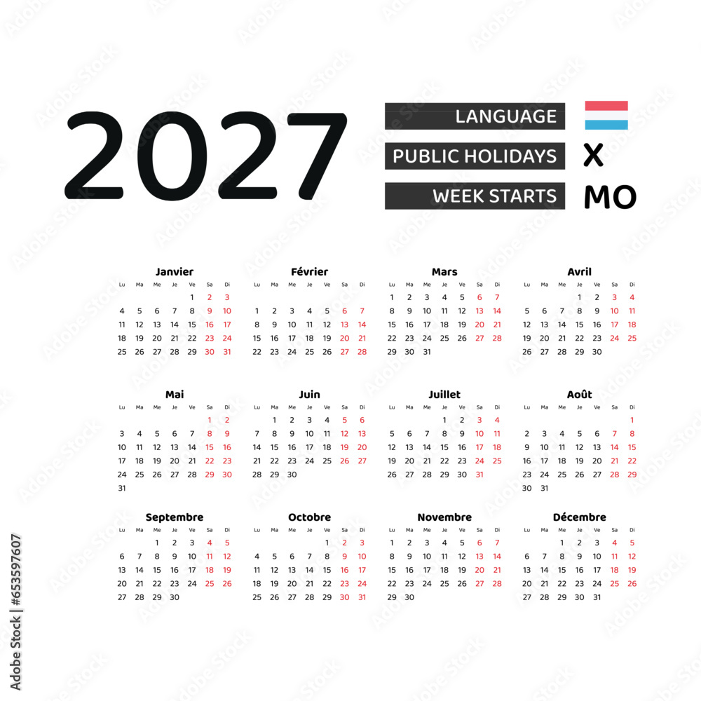 Calendar 2027 French language with Luxembourg public holidays. Week starts from Monday. Graphic design vector illustration. Calendar 2027 French language with Luxembourg public holidays. Week starts from Monday. Graphic design vector illustration.