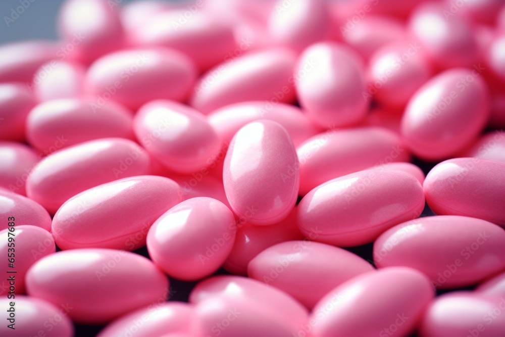 closeup of numerous pink chewing gums in the background. Generative AI