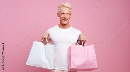 Photo portrait of smiling handsome albion blonde man in white clothes keeping shopping bags isolated pastel pink color background photo