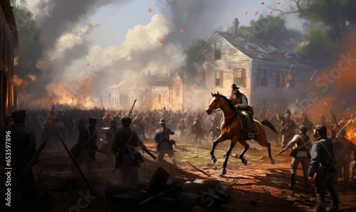 Photo of a historical painting depicting a heroic figure on horseback amidst a throng of spectators