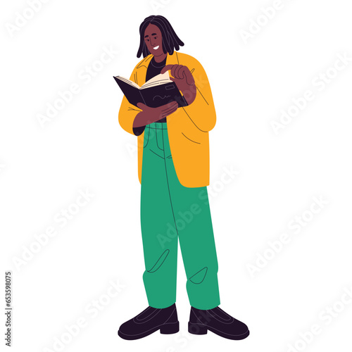 Young black woman turn page, study new information. Girl read paper book, self educational literature, people learn, get knowledges. Bookworms hobby flat isolated vector illustration on white