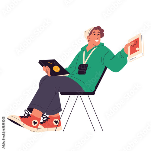 Young man sits on chair, hold paper books. Reader do self education, development at library, read literature, novel, get knowledges. Smart hobby. Flat isolated vector illustration on white background