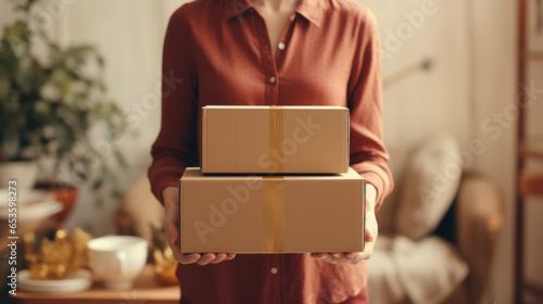 Young woman carrying large box during a move to new home or package delivery © Chanelle/Peopleimages - AI