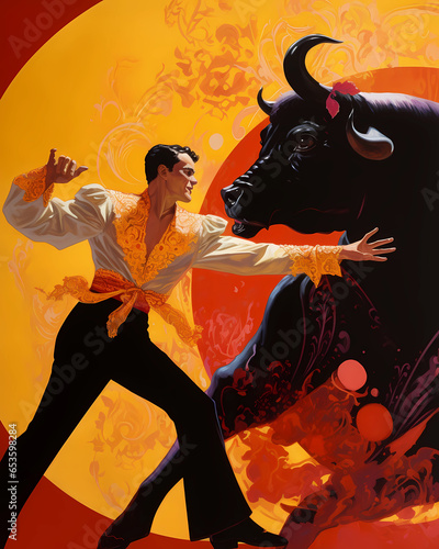 Illustration of a bull and a man fighting