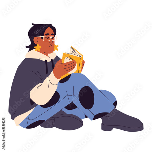 Woman in casual outfit sits, read paper book. Self education, development, smart hobby. Reader study modern literature, student get knowledges. Flat isolated vector illustration on white background