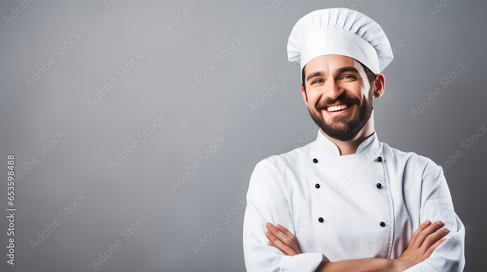 Close-up half standing chef. Copy space left side background. 