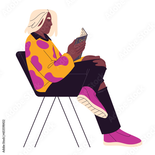 Reader in bright outfit sits cross leg, read fiction, literature. Young black man spend leisure with book, smart bookworm with self educational hobby. Flat isolated vector illustration on white