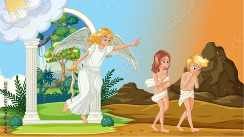 Adam and Eve Banished from the Garden of Eden: A Vector Cartoon Illustration