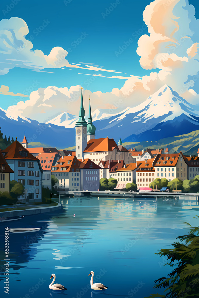 Naklejka premium Illustration of beautiful view of Lucerne, Switzerland