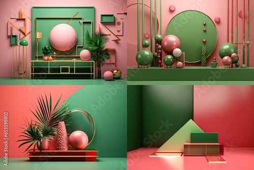Abstract still life scene in 3D rendering: Geometric shapes in pink, green, and gold hues against a vibrant green background.