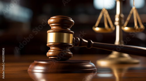 Wooden legal gavel on an office desk or court room, judges gavel for final verdict