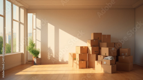 Cardboard boxes for moving into a new home. Stack of cardboard boxes for relocation © Chanelle/Peopleimages - AI