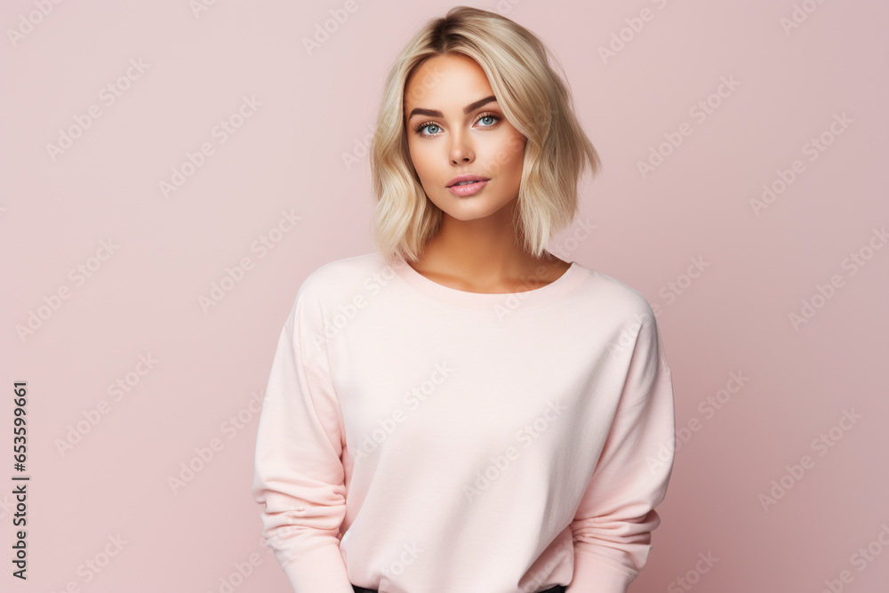 Obraz premium young woman giving pose, light-colored background minimalistic style