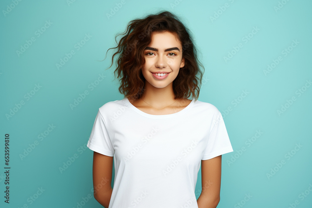 Confident nice smiling woman on color background wall Confident nice smiling woman on color background wall