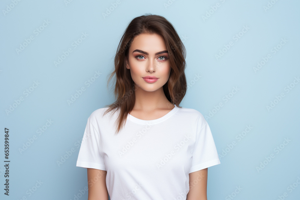 Confident nice smiling woman on color background wall Confident nice smiling woman on color background wall