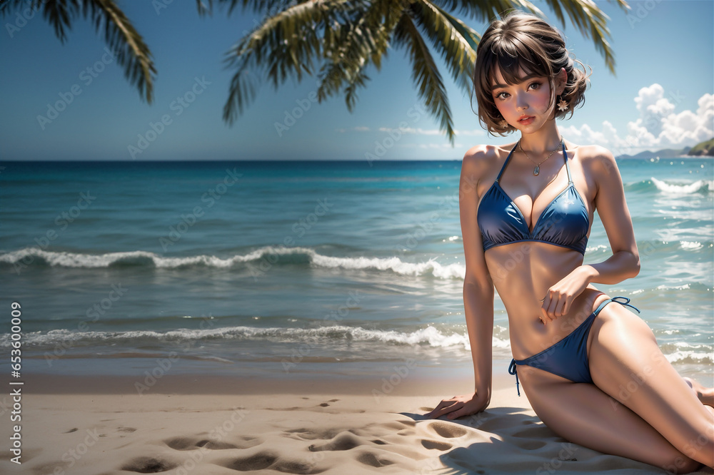 Beautiful classy woman on the beach under the coconut tree. Attractive girl in bikini posing on the beach.