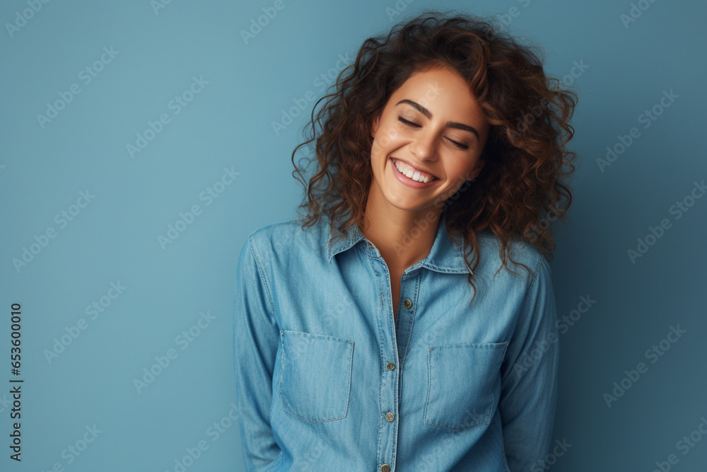 portrait of young pretty woman smiling in blue denim shirt portrait of young pretty woman smiling in blue denim shirt