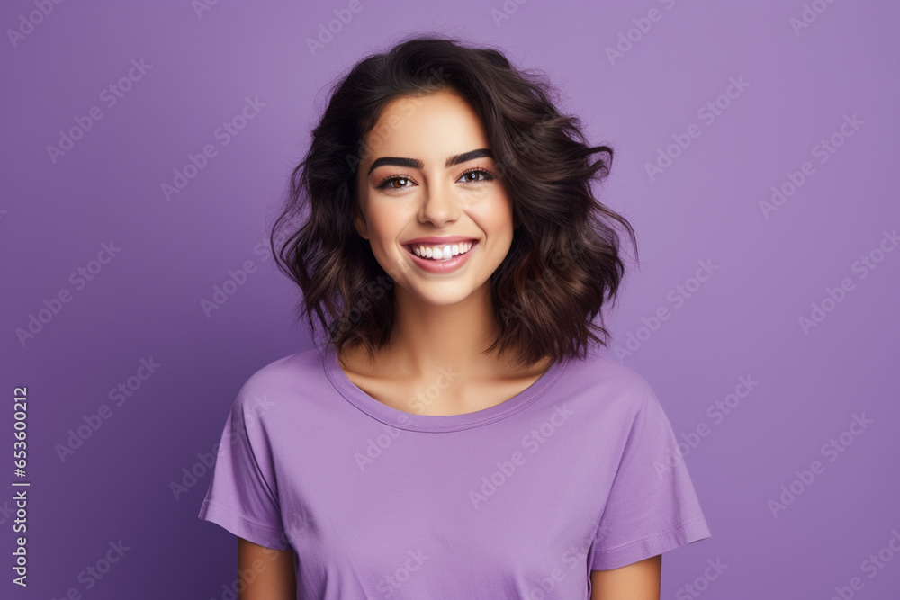 young beautiful woman in casual clothes happy and cheerful smiling violet background young beautiful woman in casual clothes happy and cheerful smiling violet background
