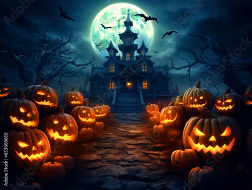 Scary pumpkins and haunted house Halloween background - ai generative