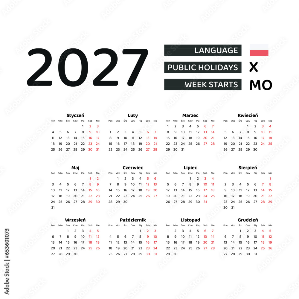 Calendar 2027 Polish language with Poland public holidays. Week starts from Monday. Graphic design vector illustration. Calendar 2027 Polish language with Poland public holidays. Week starts from Monday. Graphic design vector illustration.