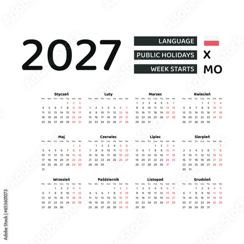 Calendar 2027 Polish language with Poland public holidays. Week starts from Monday. Graphic design vector illustration.