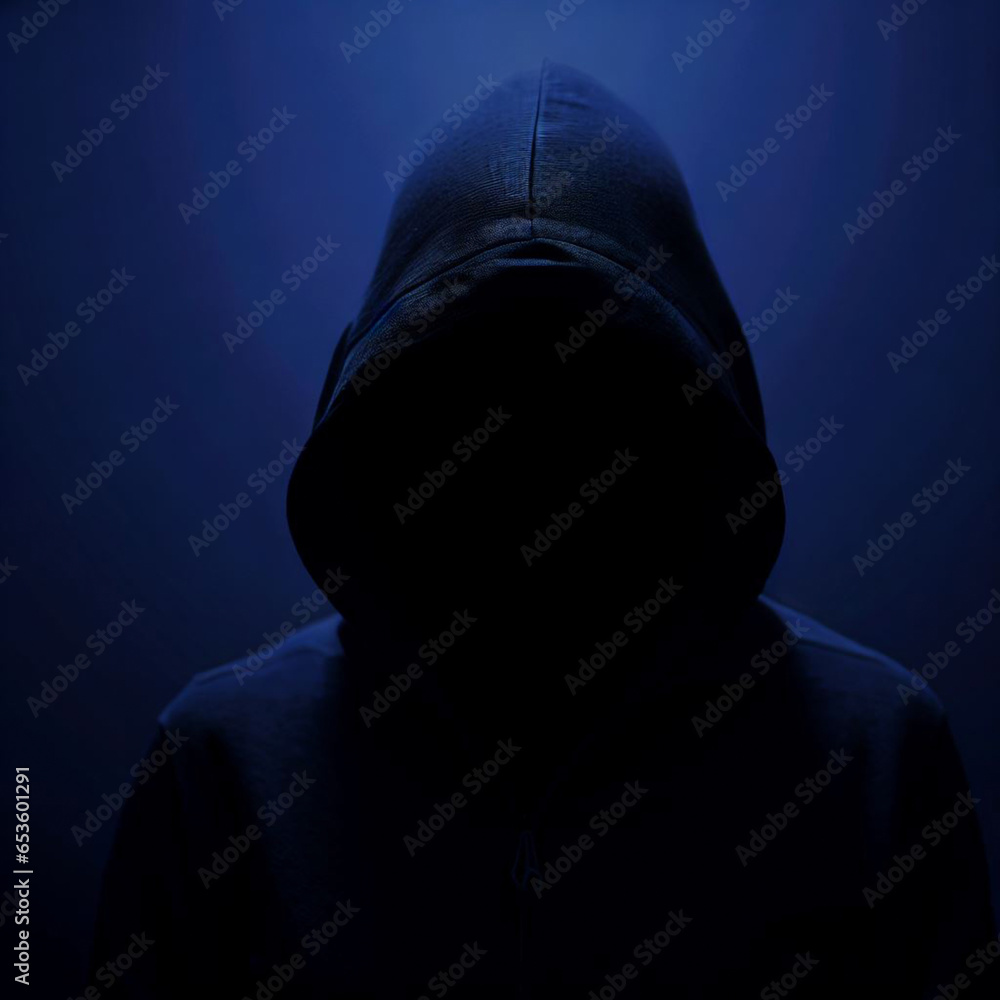 A mysterious faceless hoodie people in dark blue ambient. An unidentified hoodie people A mysterious faceless hoodie people in dark blue ambient. An unidentified hoodie people