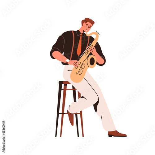 Musician playing saxophone. Music player performing solo, holding sax instrument in hands, sitting. Man saxophonist, jazz and blues performance. Flat vector illustration isolated on white background