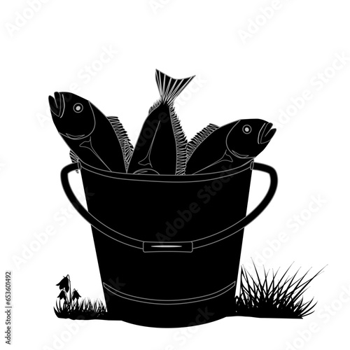 Fish bucket icon. Full bucket of fresh fishes. Fishermans catch. Stainless steel pail silhouette filled with sea, lake or river fish. Equipment for seafood storage. Fishing leisure.Vector illustration