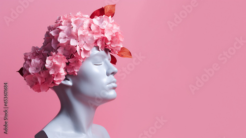 Female mannequin head with pink flower wreath on pink background © Anna