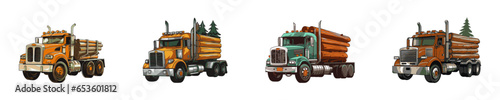 Cartoon logging truck set. Vector illustration