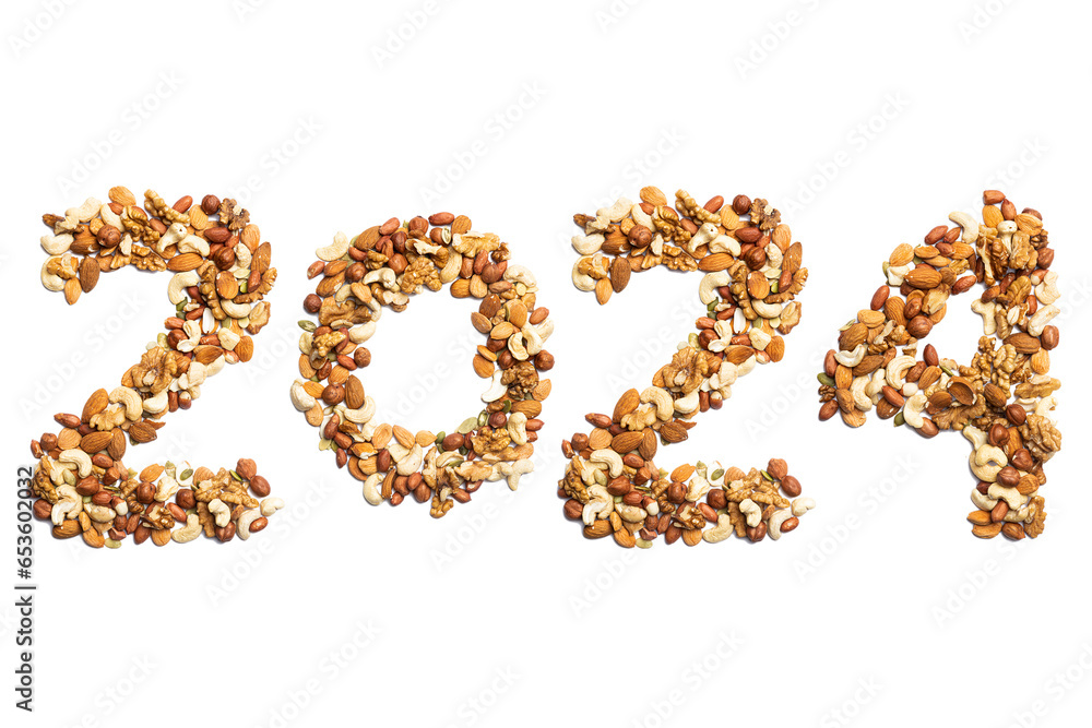 Calendar header number 2024 made of mixed nuts on a white background. Happy New Year 2024 colorful background. Calendar header number 2024 made of mixed nuts on a white background. Happy New Year 2024 colorful background.