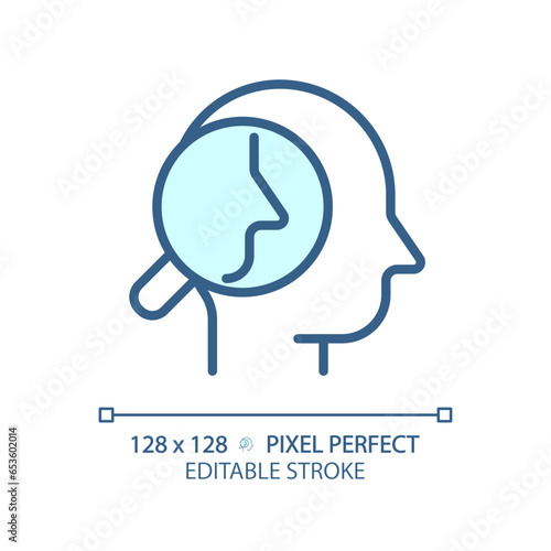 2D pixel perfect editable blue introspection icon, isolated vector, thin line illustration representing soft skills.