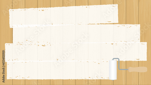 ローラーで白く塗られた木の壁　ペンキ　絵の具　16:9