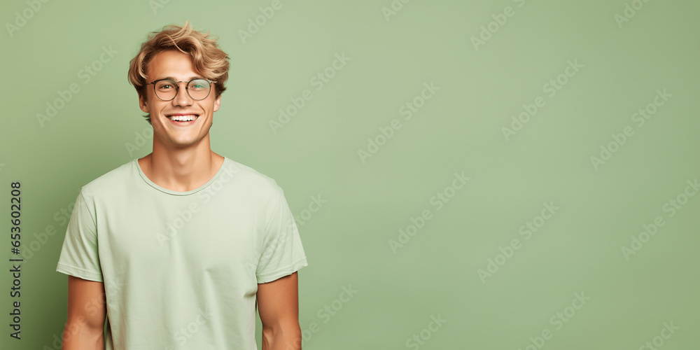 Handsome blond man wearing green t-shirt and glasses. Isolated on green background. Handsome blond man wearing green t-shirt and glasses. Isolated on green background.