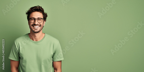 Handsome brunette man wearing green t-shirt and glasses. Isolated on green background.